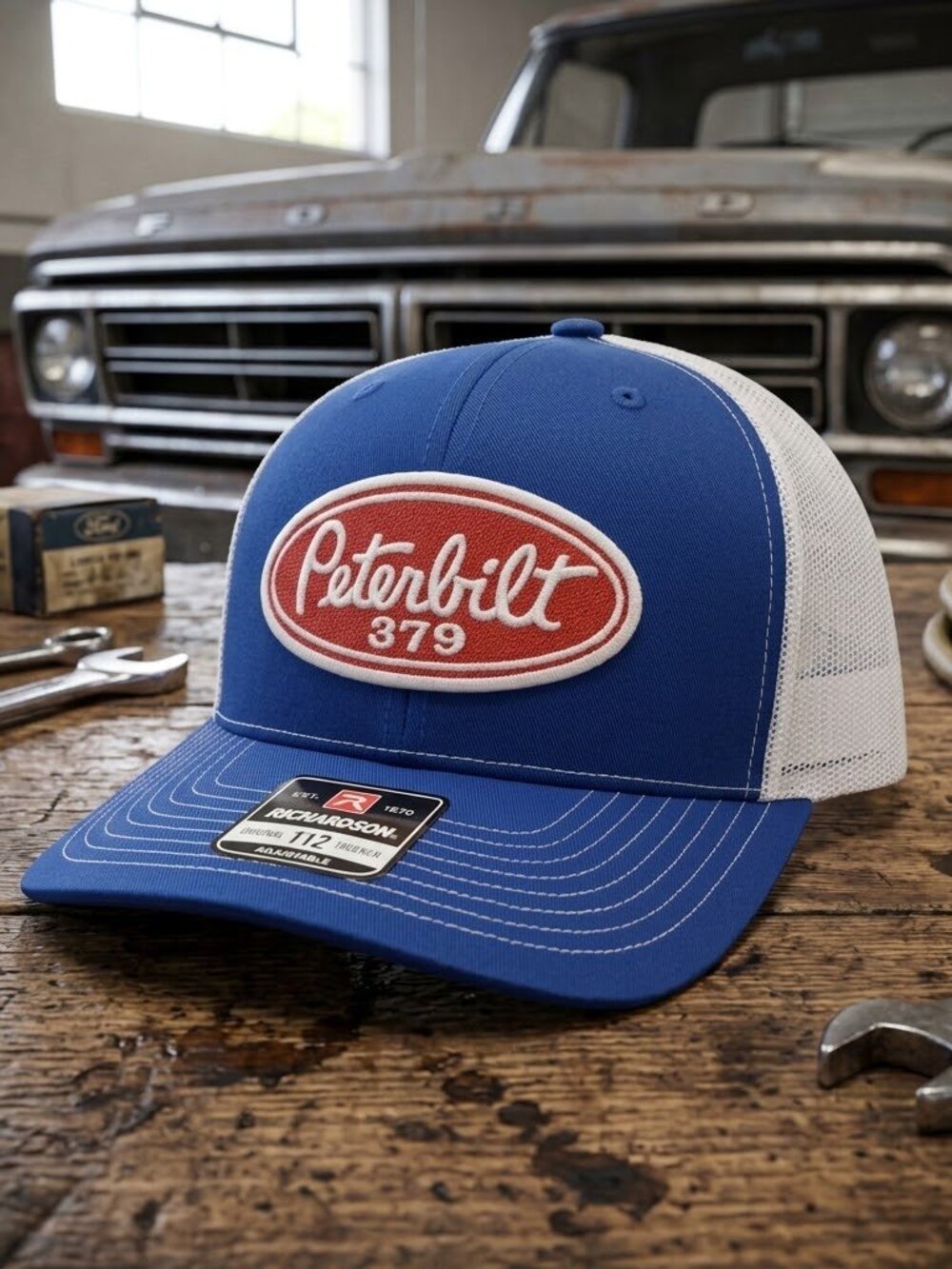 Retro Peterbilt 379 Hat Semi Truck Patch Blue White Richardson 112 Snapback Cap